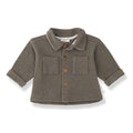 A toddler's long-sleeve button-up cardigan in a heathered taupe-brown fabric, featuring a pointed collar, two front patch pockets, and brown wooden buttons, shown on a plain white background.