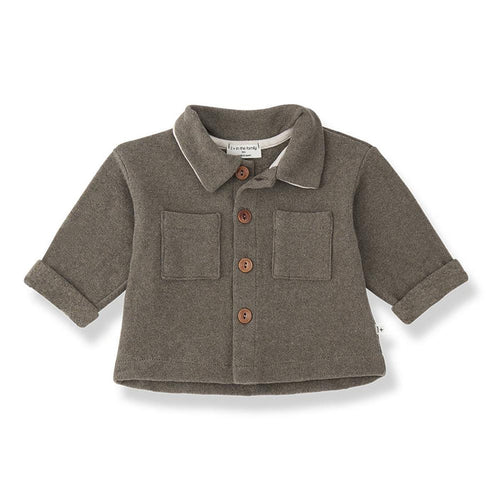 A toddler's long-sleeve button-up cardigan in a heathered taupe-brown fabric, featuring a pointed collar, two front patch pockets, and brown wooden buttons, shown on a plain white background.
