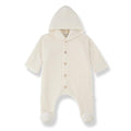 An off-white hooded baby footed romper with a snap-button front, photographed on a clean white background.