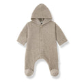 A light taupe wool hooded footed sleeper with a button-up front, photographed on a clean white background.