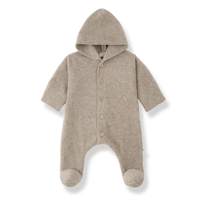 A light taupe wool hooded footed sleeper with a button-up front, photographed on a clean white background.