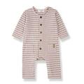 Striped baby romper with buttons on a white background
