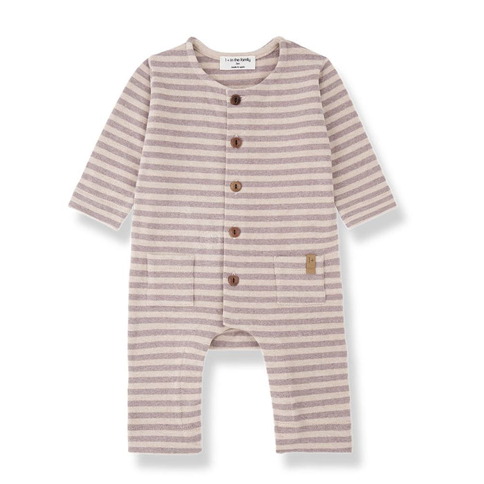Striped baby romper with buttons on a white background