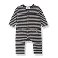 Striped baby romper with buttons on a white background