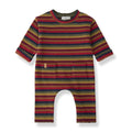 A baby long-sleeve romper with horizontal stripes in red, mustard yellow, navy blue, and olive green, featuring an open crotch and a small fabric brand tag on the left chest.
