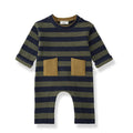 A baby's short-sleeve one-piece romper with horizontal navy and olive green stripes, featuring two contrasting tan patch pockets on the front and an open crotch design, shown on a white background.