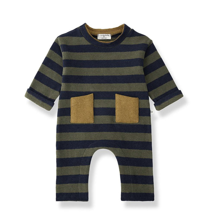 A baby's short-sleeve one-piece romper with horizontal navy and olive green stripes, featuring two contrasting tan patch pockets on the front and an open crotch design, shown on a white background.