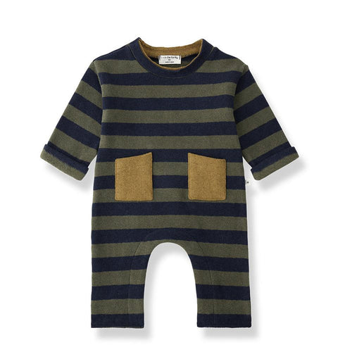 A baby's short-sleeve one-piece romper with horizontal navy and olive green stripes, featuring two contrasting tan patch pockets on the front and an open crotch design, shown on a white background.