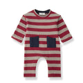 A baby long-sleeve romper with horizontal red and beige stripes, featuring two dark navy blue front pockets and an open crotch design, shown on a white background.