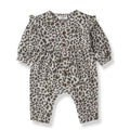 A baby long-sleeve romper in a brown and gray leopard print, featuring a button-up front and ruffled shoulders, shown on a plain white background.