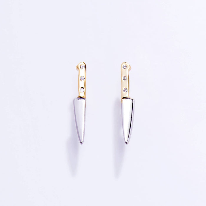 14K Gold Plated & CZ Butcher Knife Stud Earrings
