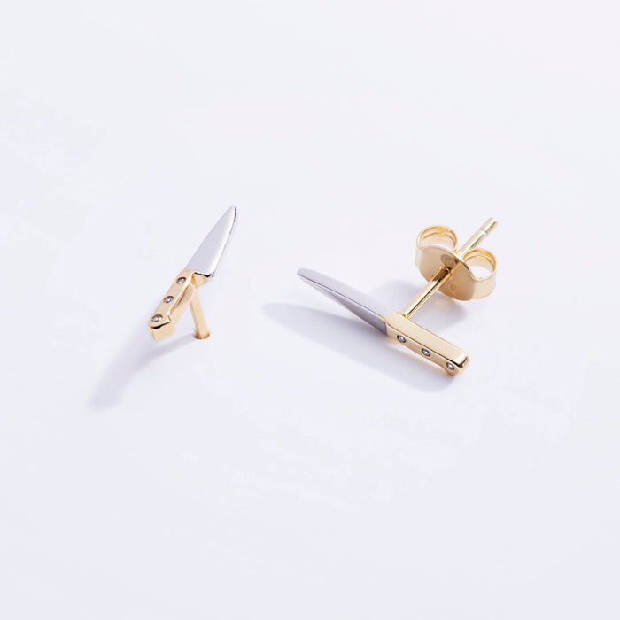 14K Gold Plated & CZ Butcher Knife Stud Earrings