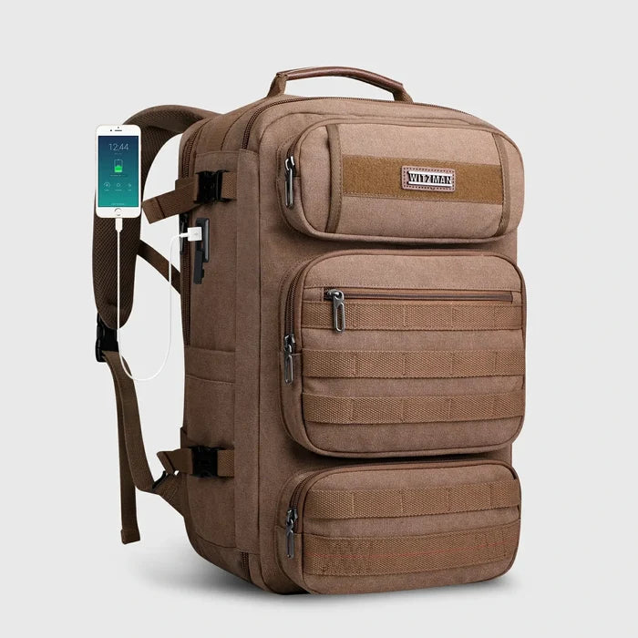 WITZMAN recycled canvas travel backpack with external USB charging port
