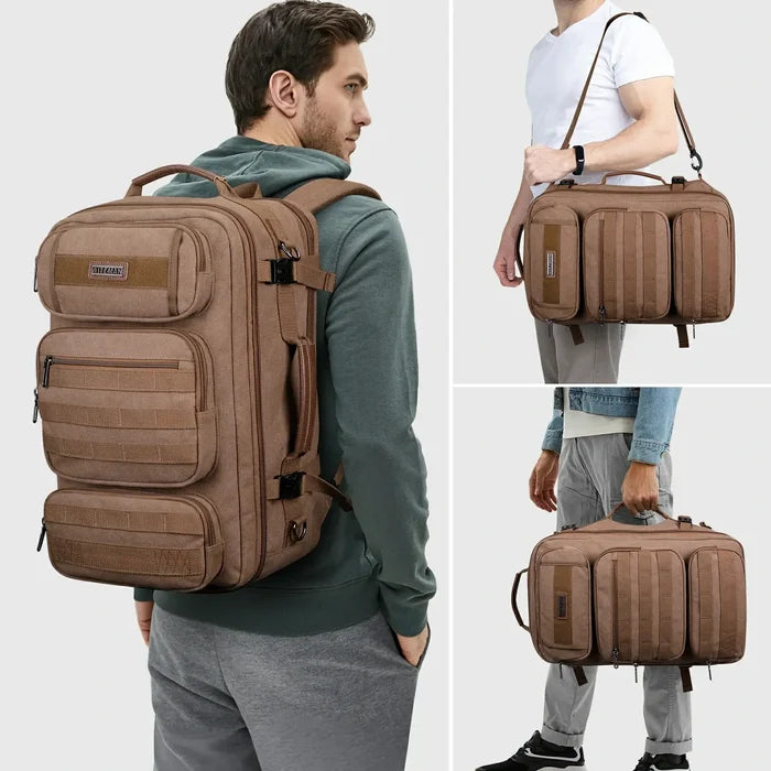 Convertible travel backpack with padded shoulder straps and compression buckles