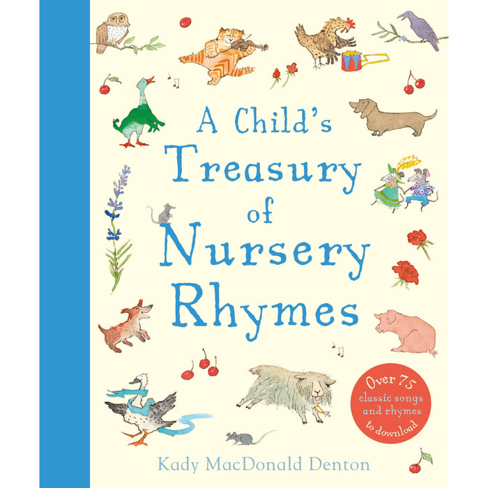 Book cover of 'A Child's Treasury of Nursery Rhymes' with colorful illustrations and blue spine.