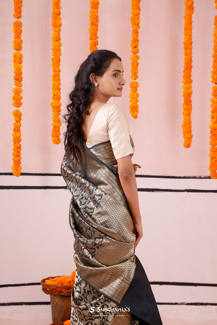 Abbey Black Banarasi Silk Saree With Floral Jaal Design