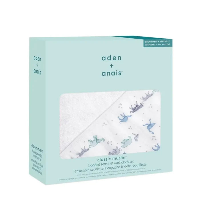 aden + anais classic muslin hooded towel & washcloth set packaging on a white background