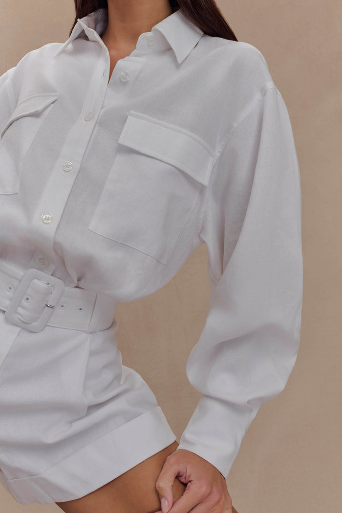 Adia Linen Belted Playsuit - White