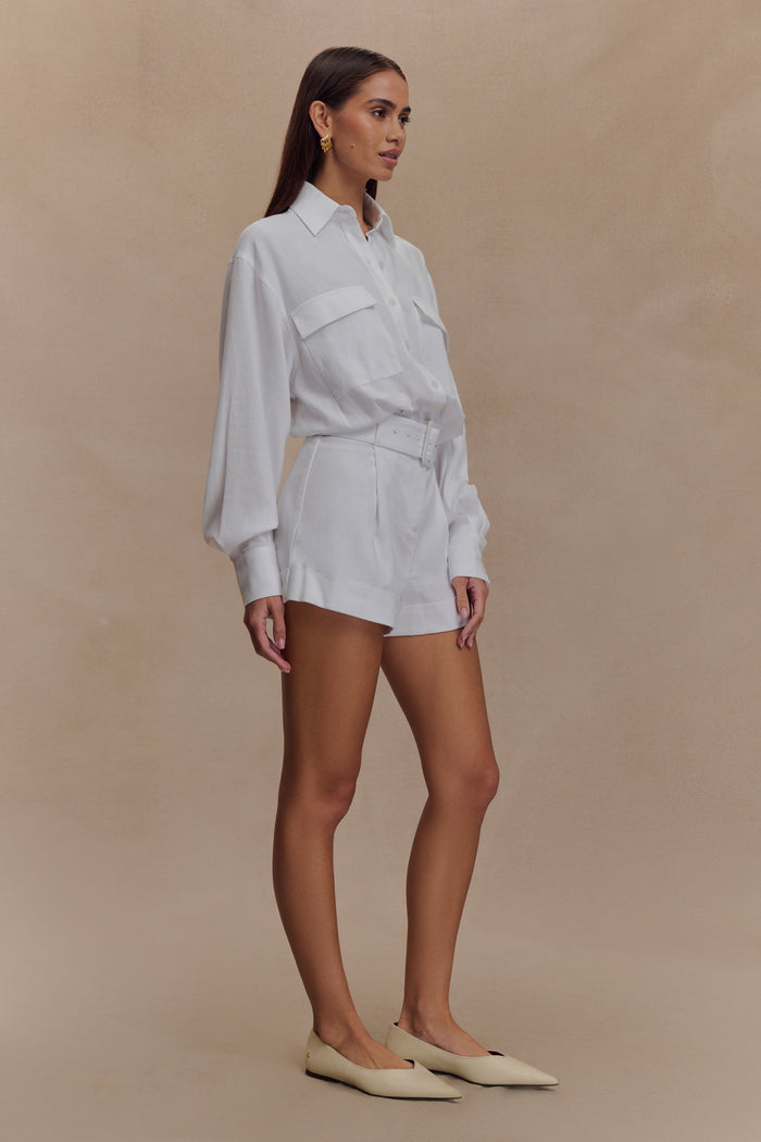 Adia Linen Belted Playsuit - White
