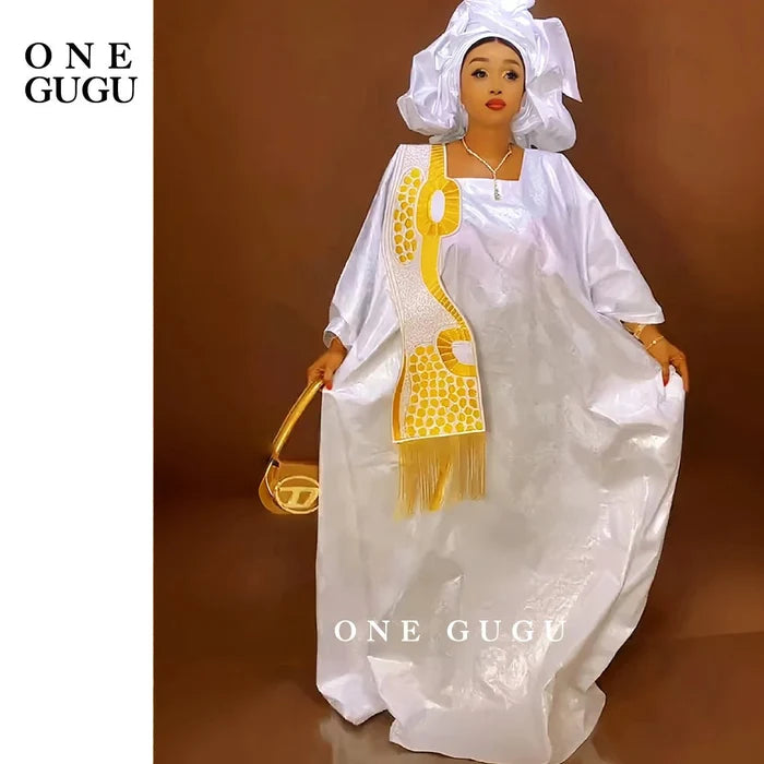Gold white bazin riche boubou embroidery tassels women FTF Market UK