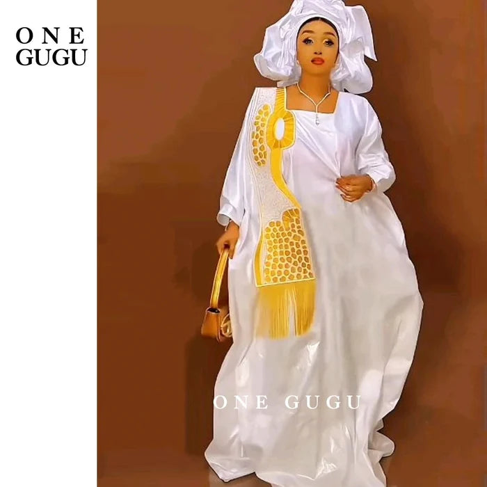 Gold white bazin riche boubou embroidery tassels women FTF Market UK