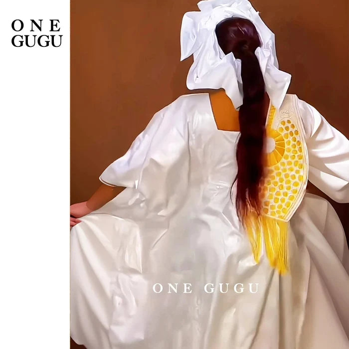 Gold white bazin riche boubou embroidery tassels women FTF Market UK