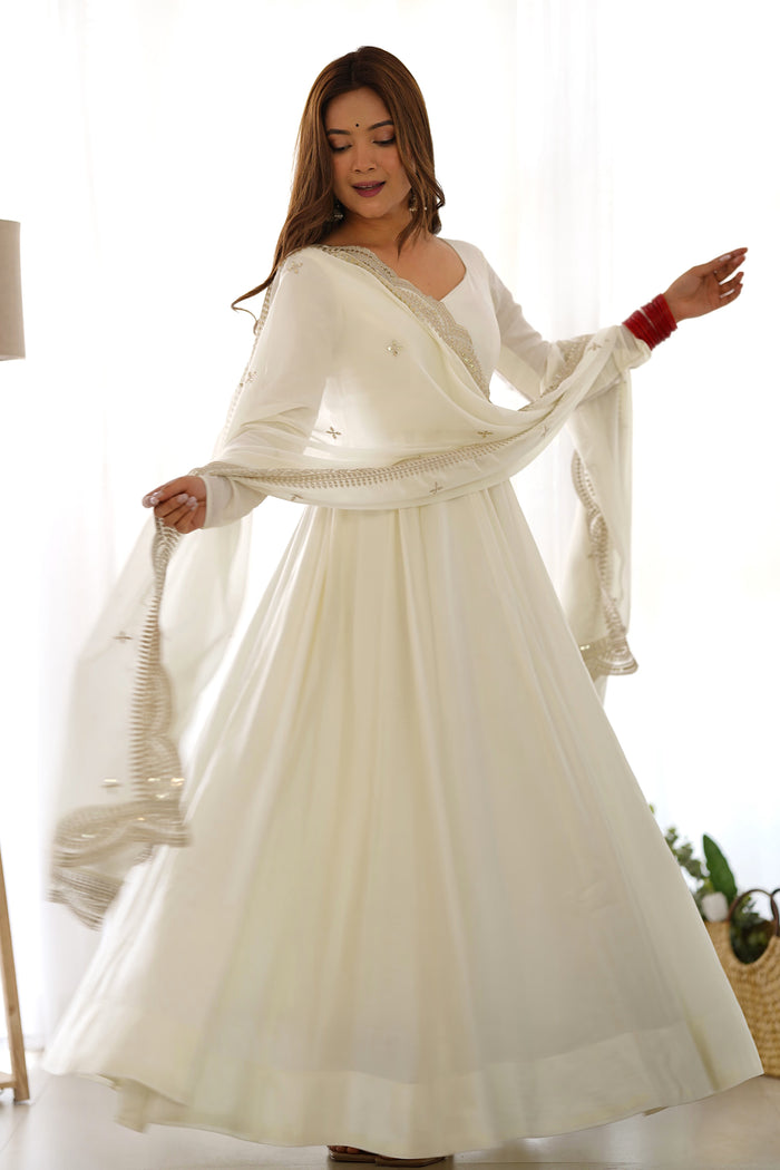 Alice White Chanderi Solid Pattern Anarkali Set