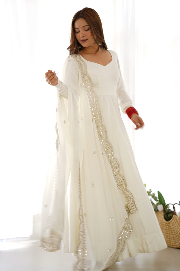 Alice White Chanderi Solid Pattern Anarkali Set