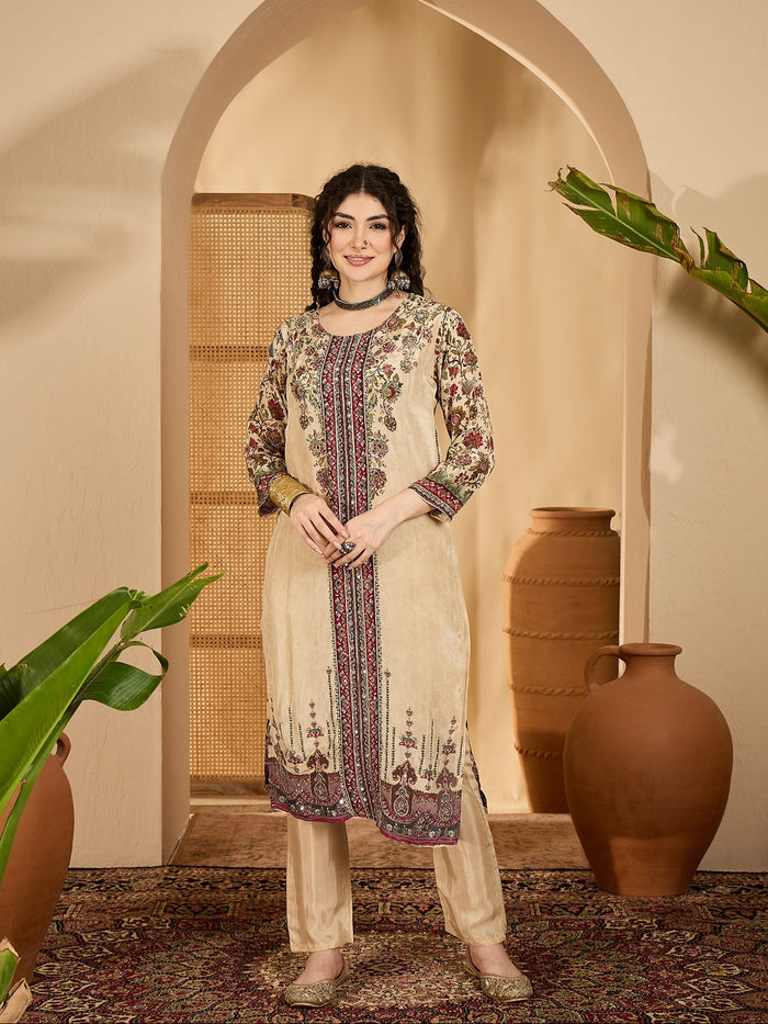 Almond Beige Silk Kurti With Floral Panel