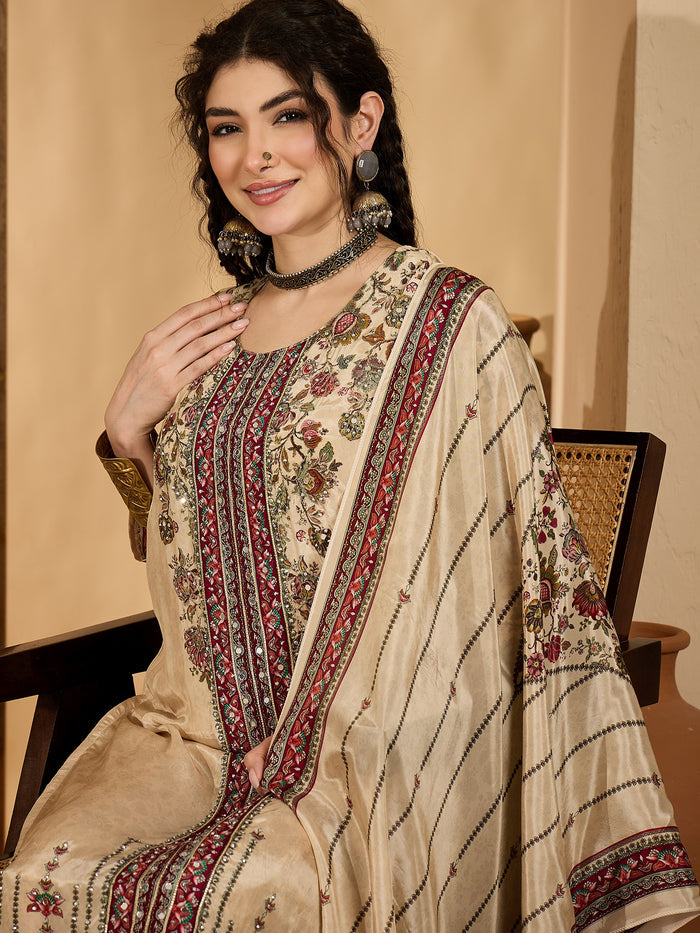 Almond Beige Silk Kurti With Floral Panel