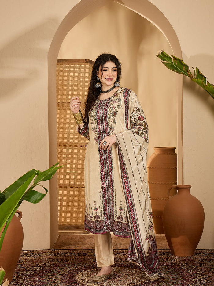 Almond Beige Silk Kurti With Floral Panel
