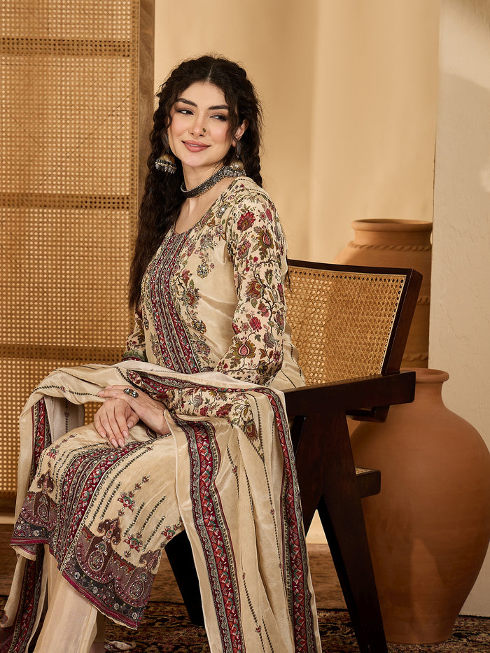 Almond Beige Silk Kurti With Floral Panel