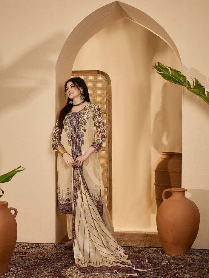 Almond Beige Silk Kurti With Floral Panel