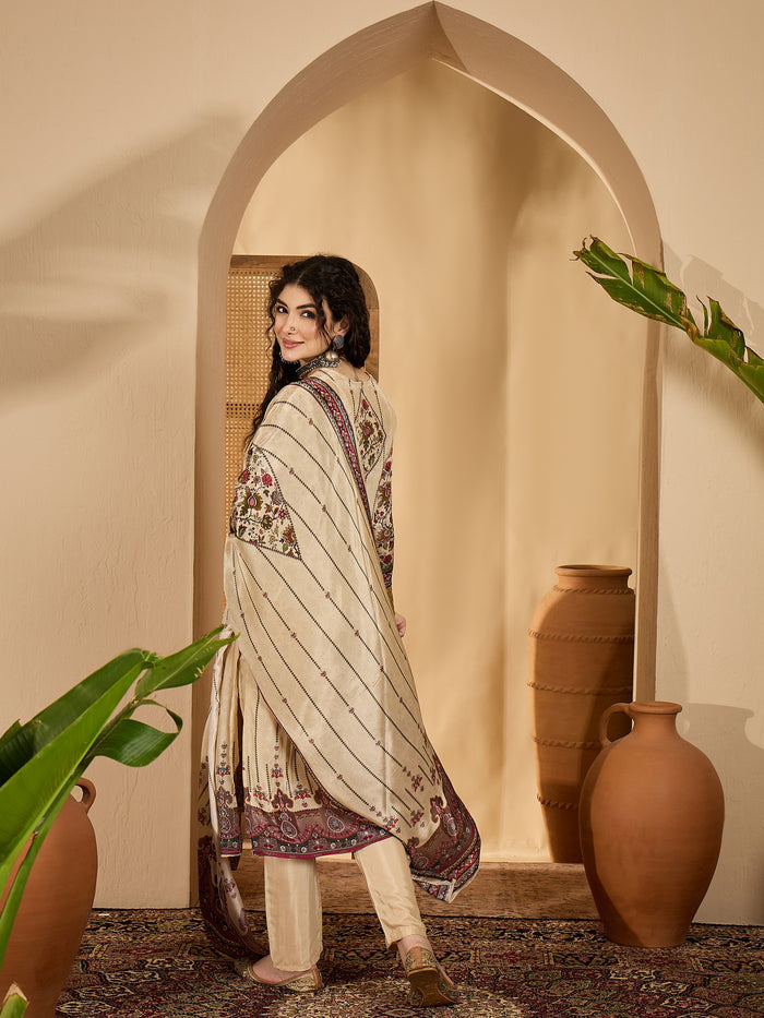Almond Beige Silk Kurti With Floral Panel