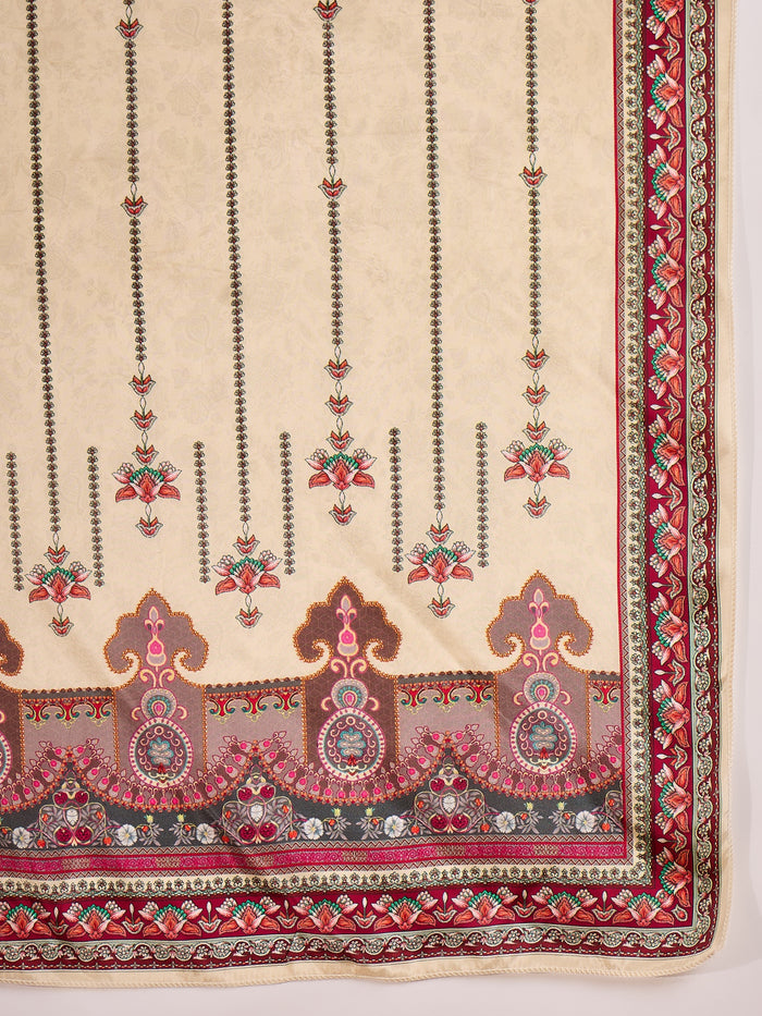 Almond Beige Silk Kurti With Floral Panel