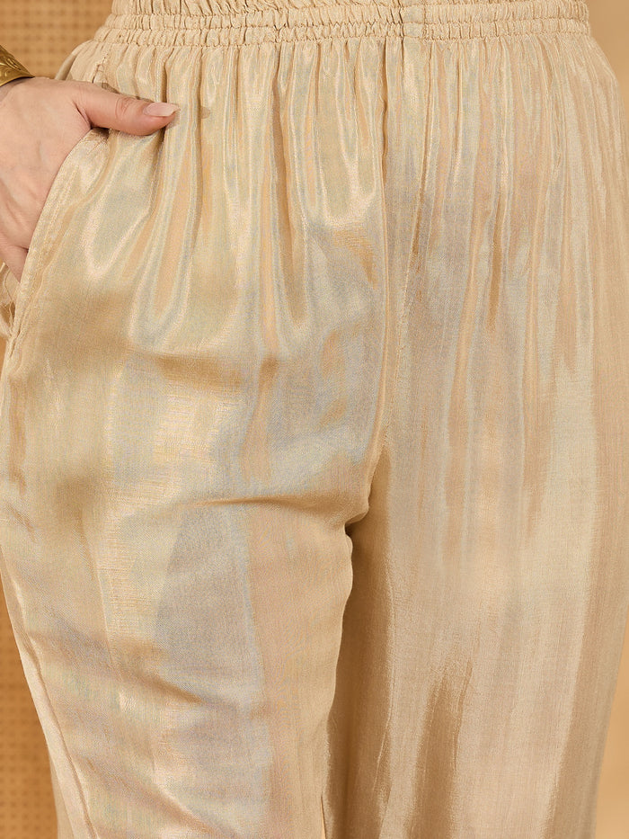 Almond Beige Silk Kurti With Floral Panel