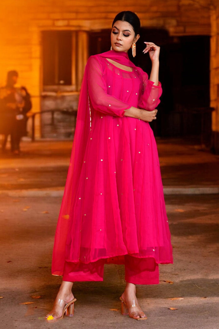 <img> Amaranth Pink Georgette Anarkali Set