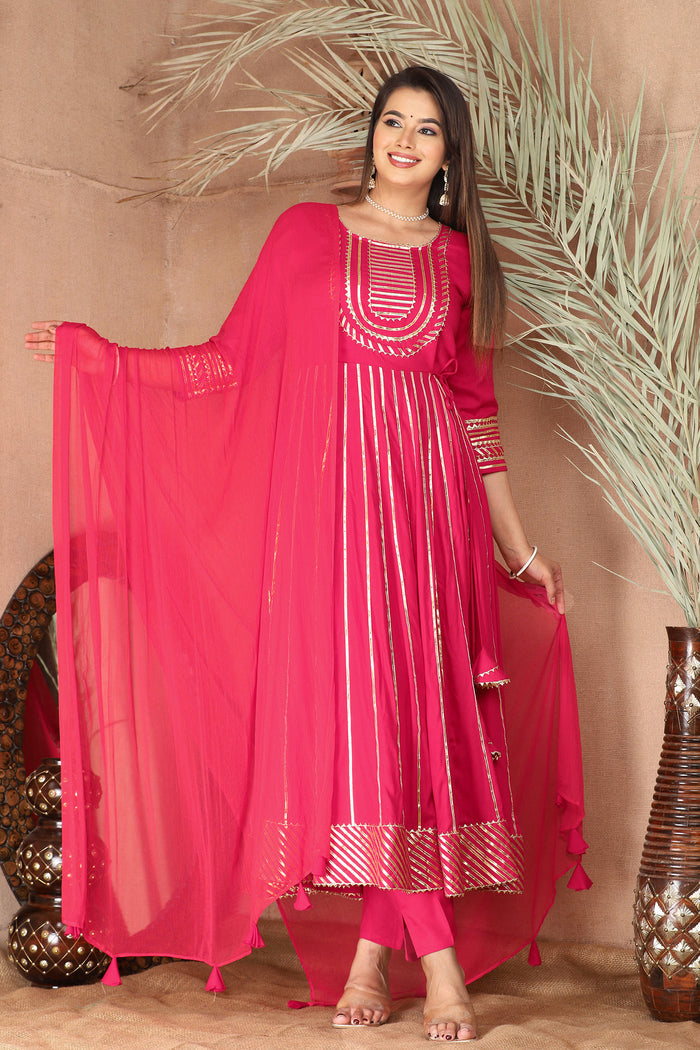 Amaranth Pink Rayon Gota Work Anarkali Set