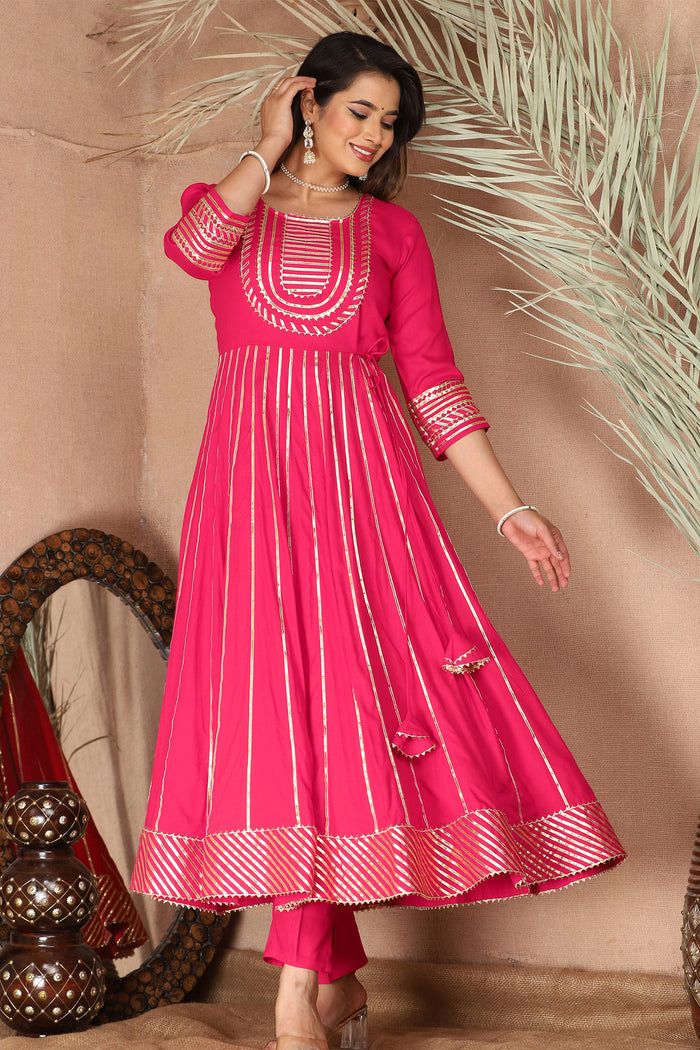 Amaranth Pink Rayon Gota Work Anarkali Set