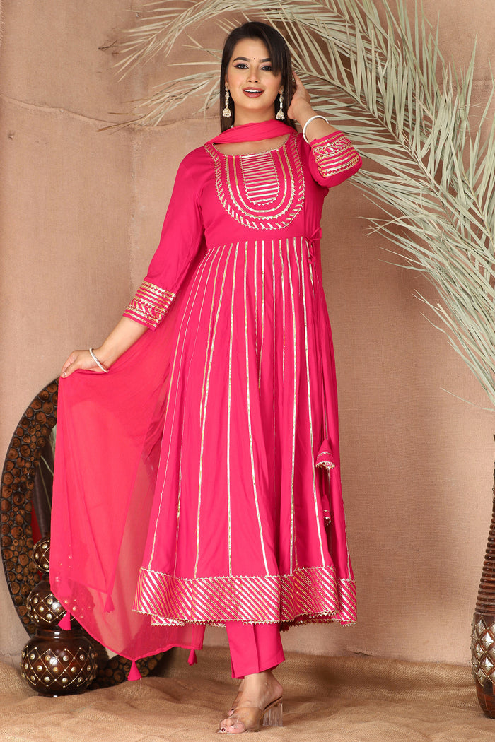 Amaranth Pink Rayon Gota Work Anarkali Set