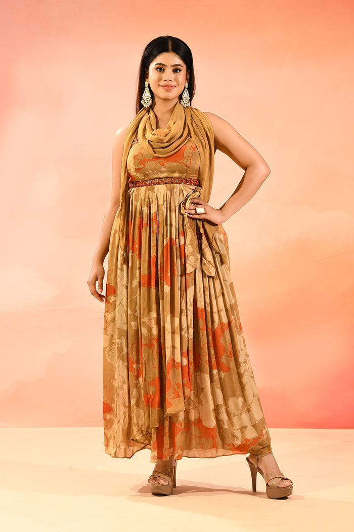 Amber Bloom Printed Silk Blend Anarkali Dress With Shawl