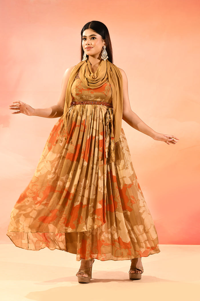 Amber Bloom Printed Silk Blend Anarkali Dress With Shawl