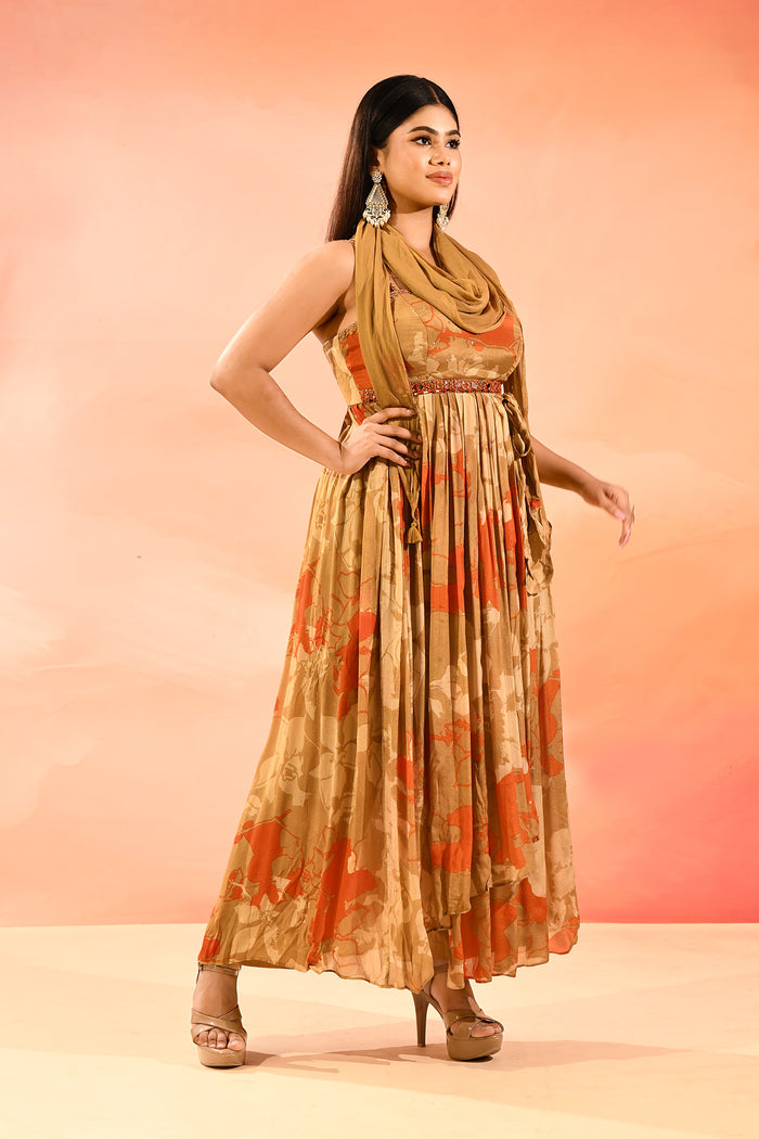 Amber Bloom Printed Silk Blend Anarkali Dress With Shawl