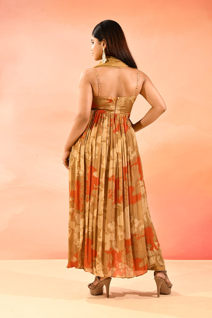 Amber Bloom Printed Silk Blend Anarkali Dress With Shawl
