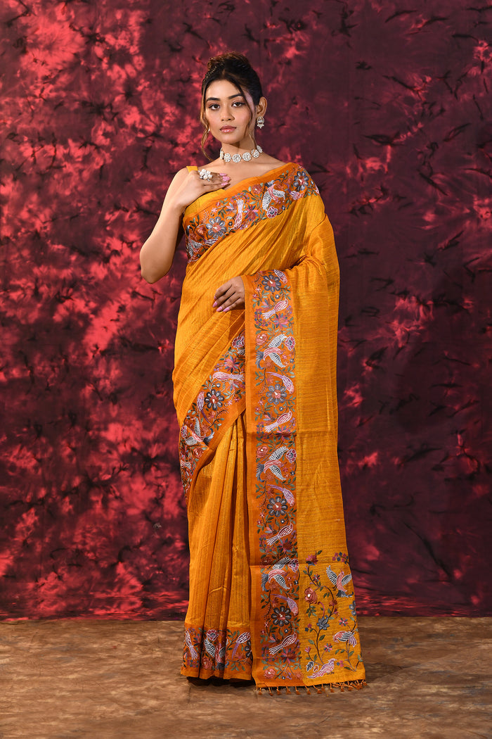 Amber Yellow Embroidered Tussar Saree
