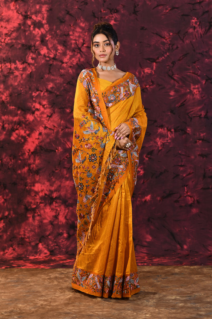 Amber Yellow Embroidered Tussar Saree