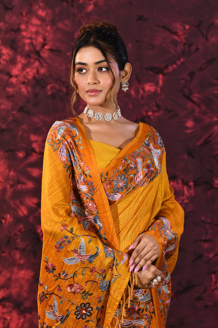 Amber Yellow Embroidered Tussar Saree