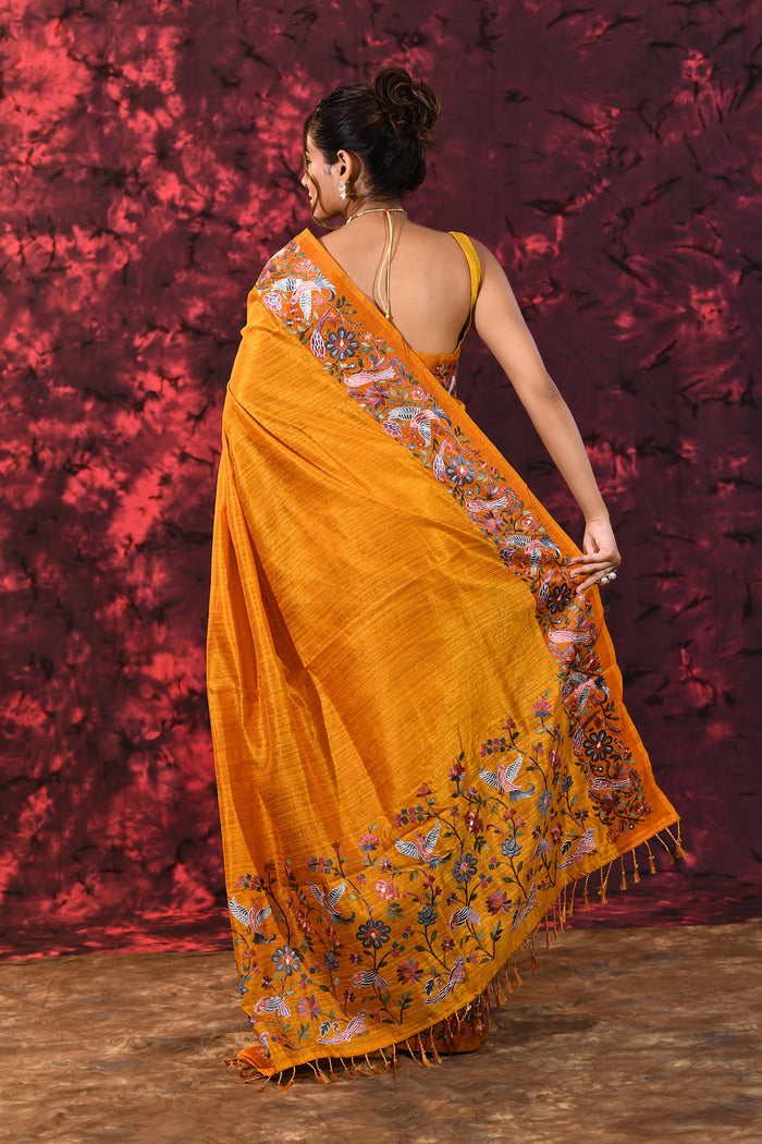 Amber Yellow Embroidered Tussar Saree