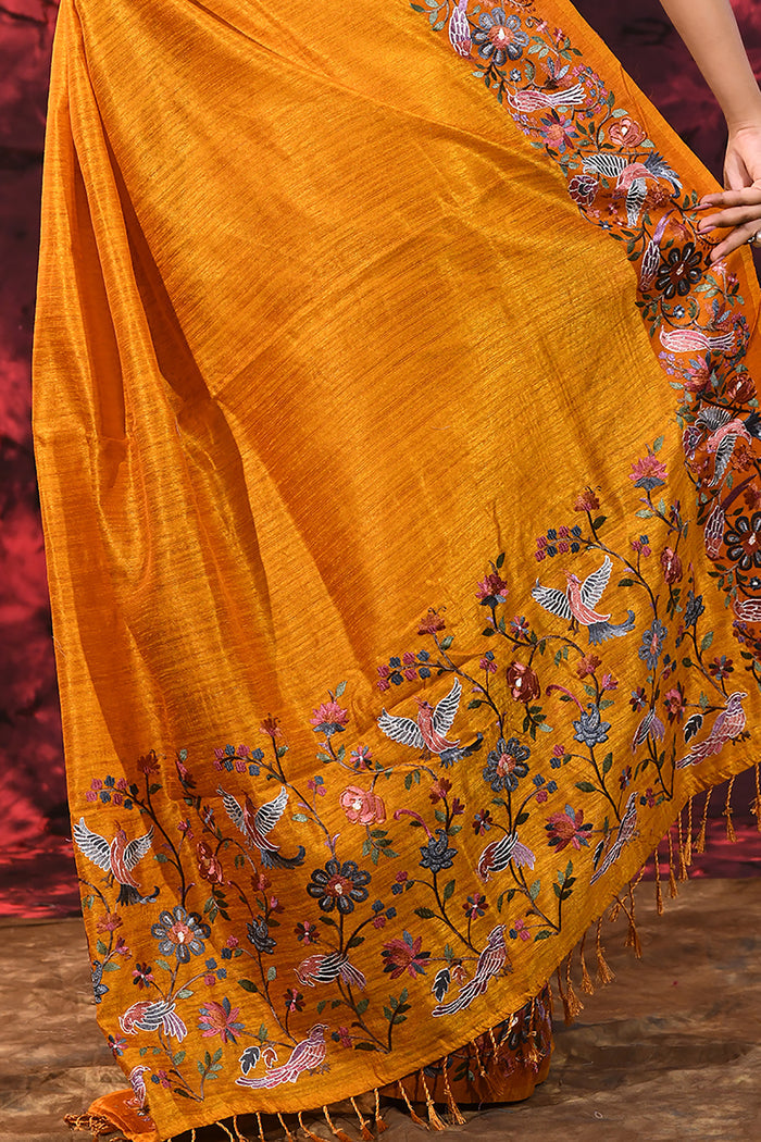 Amber Yellow Embroidered Tussar Saree