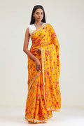 <img> Amber Yellow Jaali Crafted Organza Saree